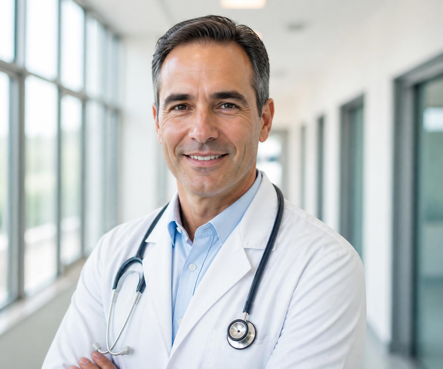 Médico sorrindo em corredor de hospital
